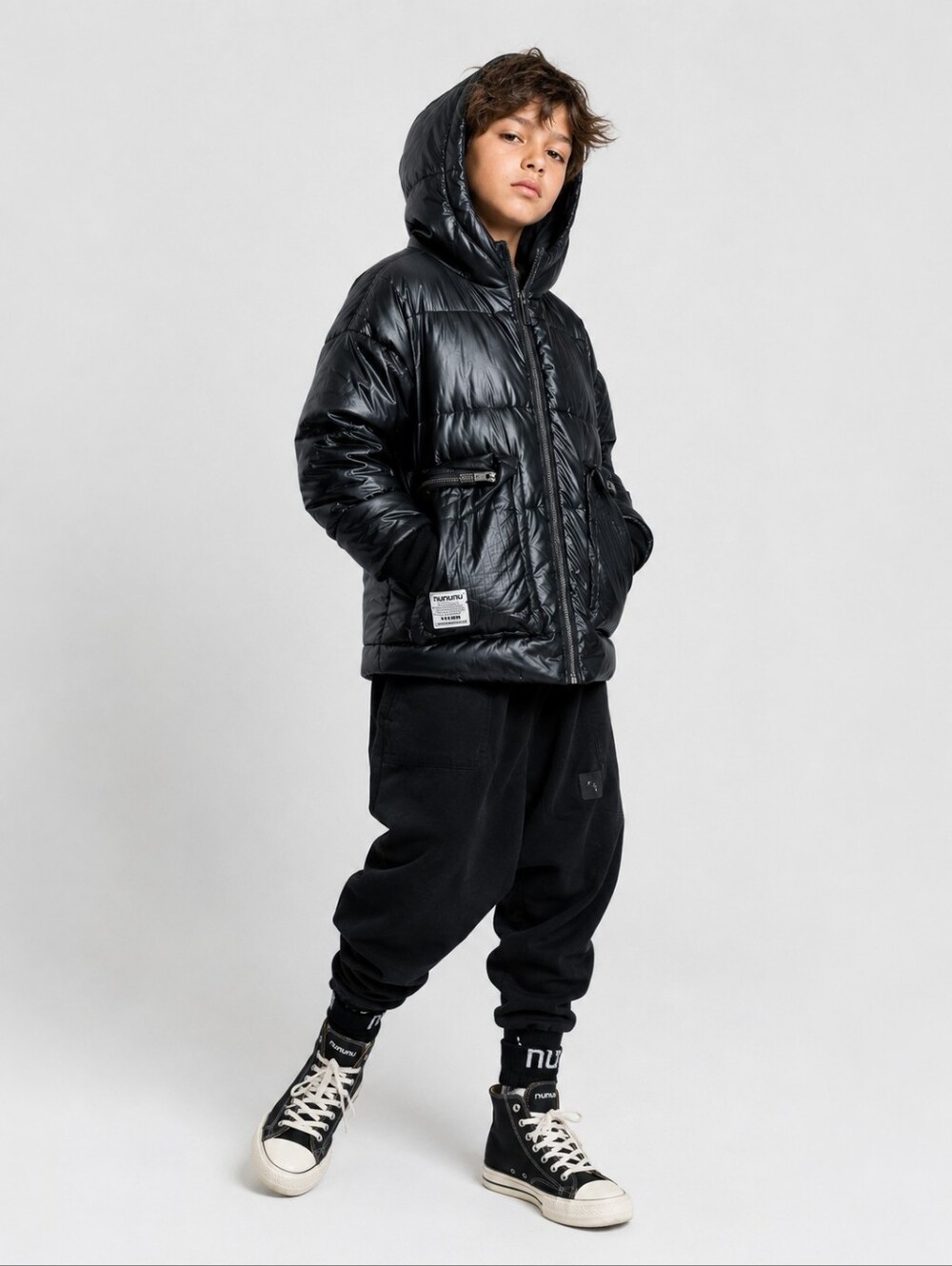Nununu Kids Mega Pocket Down Puffer Jacket Coat Hooded Black Unisex Size 10-11Y